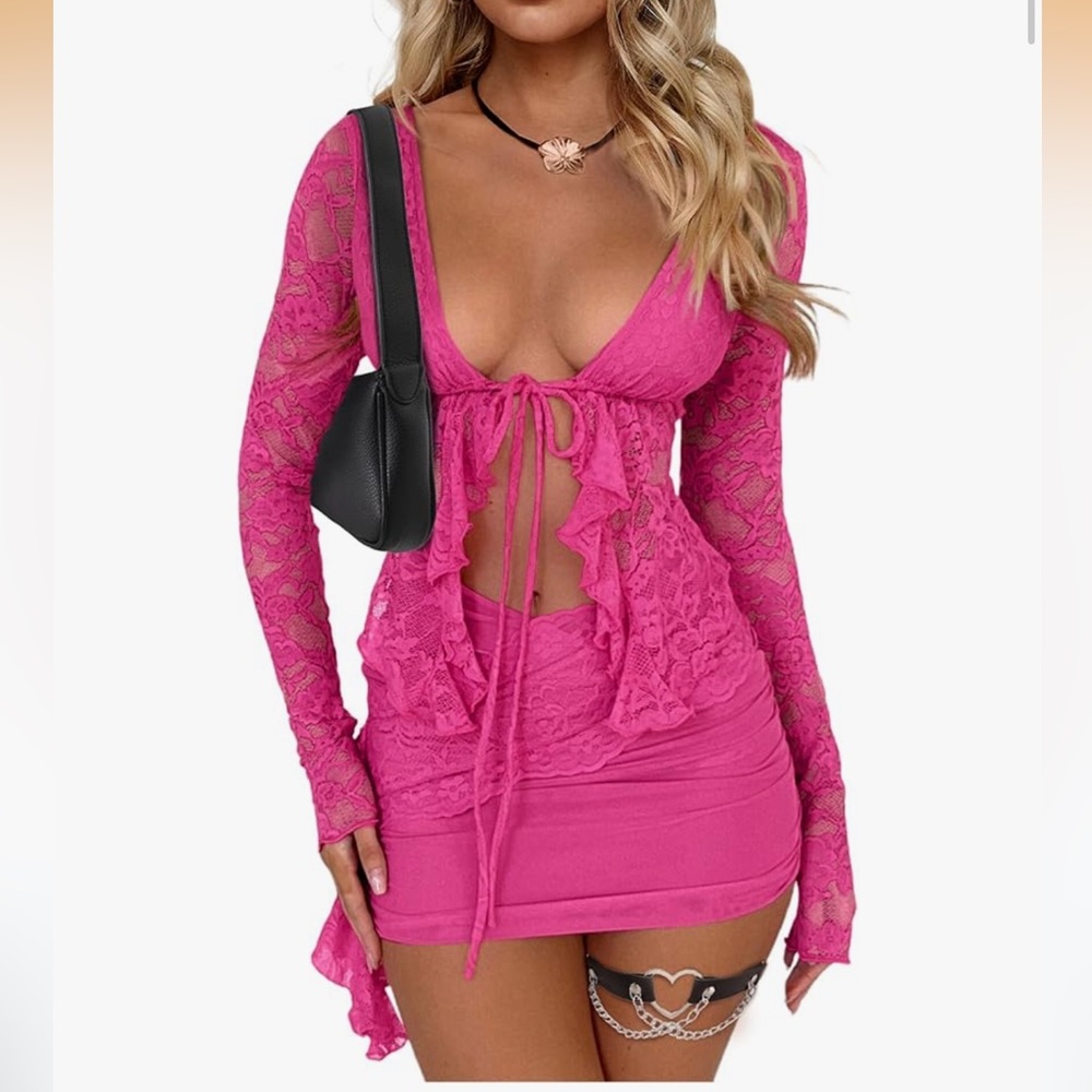 Pink Lace Long Sleeve Mini Skirt Set